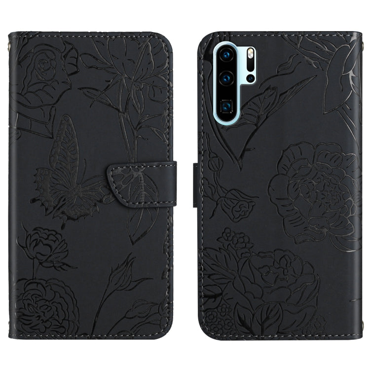 For Huawei P30 Pro Skin Feel Butterfly Peony Embossed Leather Phone Case(Black)