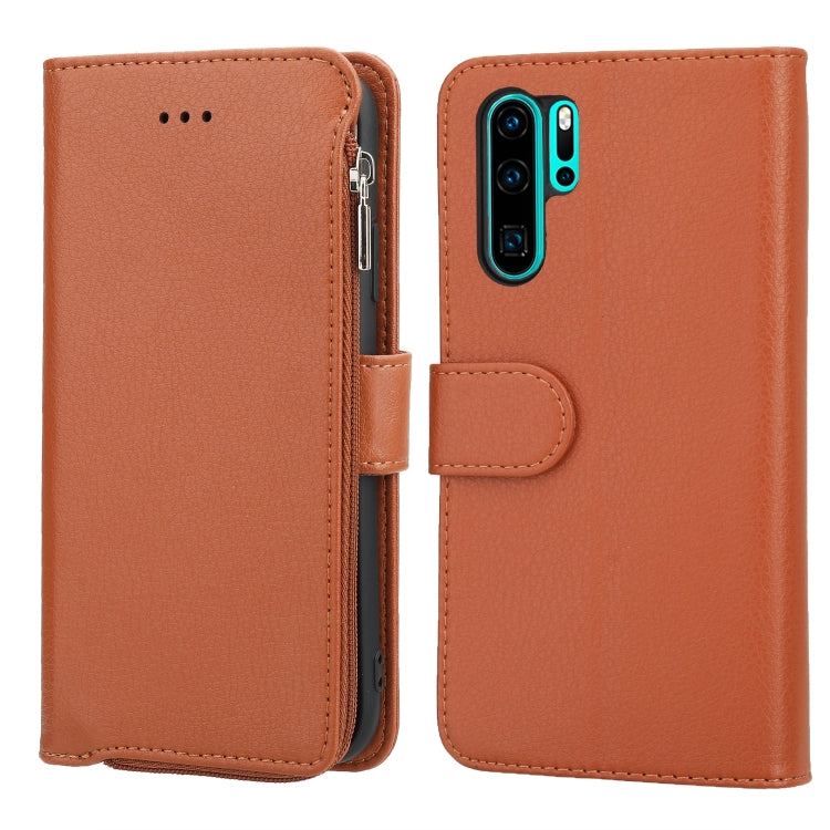 For Huawei P30 Pro Microfiber Zipper Horizontal Flip Leather Case(Brown)