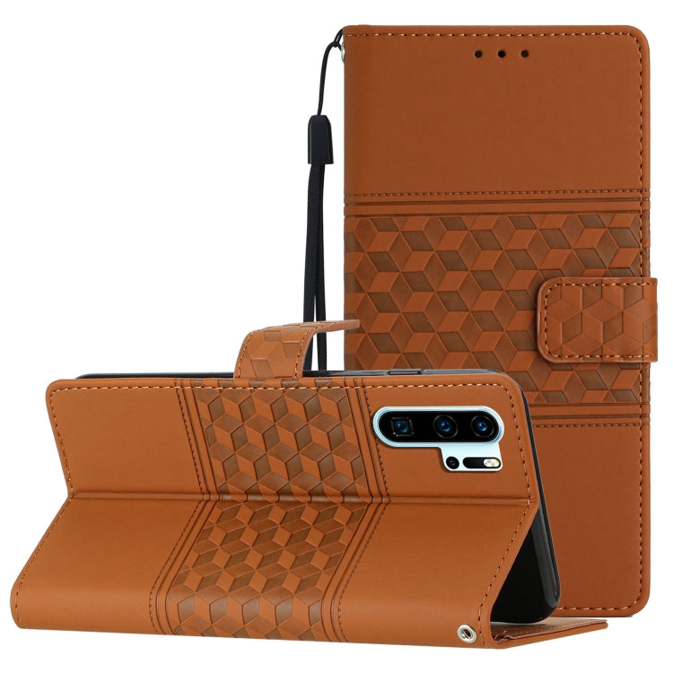 For Huawei P30 Pro Diamond Embossed Skin Feel Leather Phone Case with Lanyard(Brown)