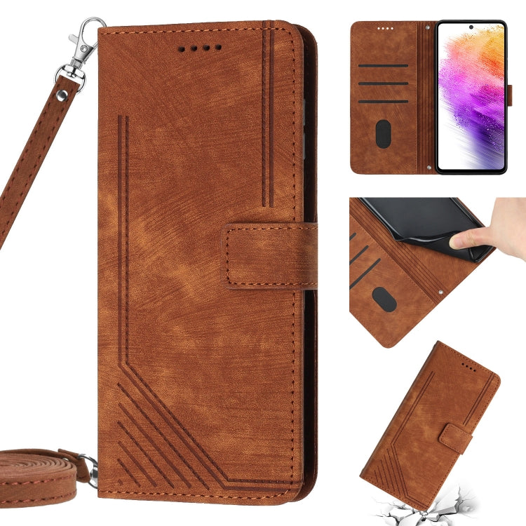 For Samsung Galaxy A03s 164mm Skin Feel Stripe Pattern Leather Phone Case with Lanyard(Brown)