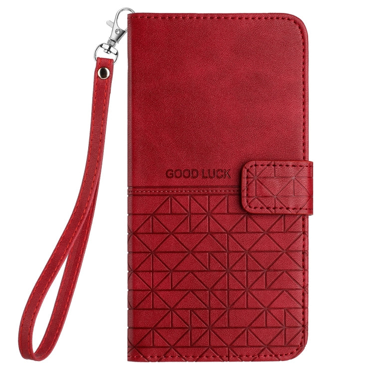 For iPhone 15 Rhombic Texture Leather Phone Case with Lanyard(Red)