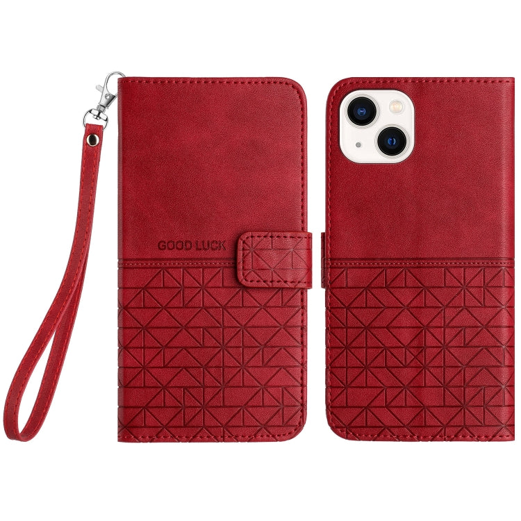 For iPhone 15 Rhombic Texture Leather Phone Case with Lanyard(Red)