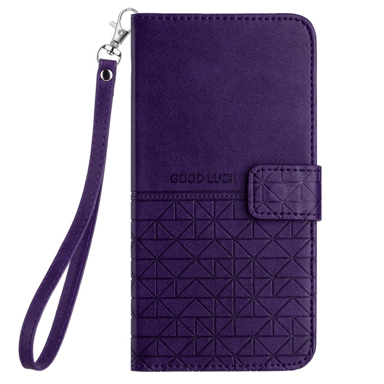 For iPhone 15 Rhombic Texture Leather Phone Case with Lanyard(Purple)