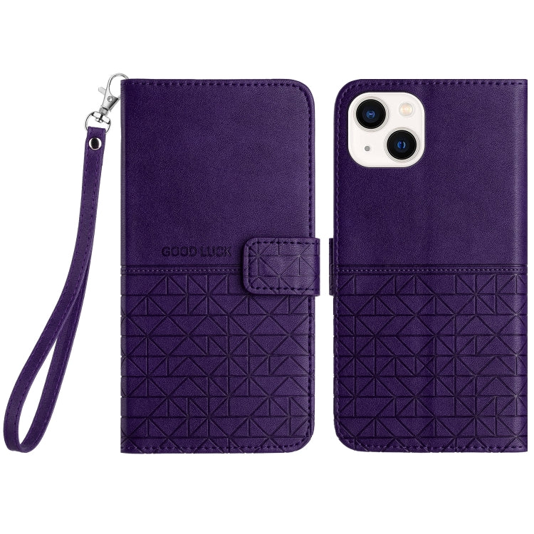 For iPhone 15 Rhombic Texture Leather Phone Case with Lanyard(Purple)