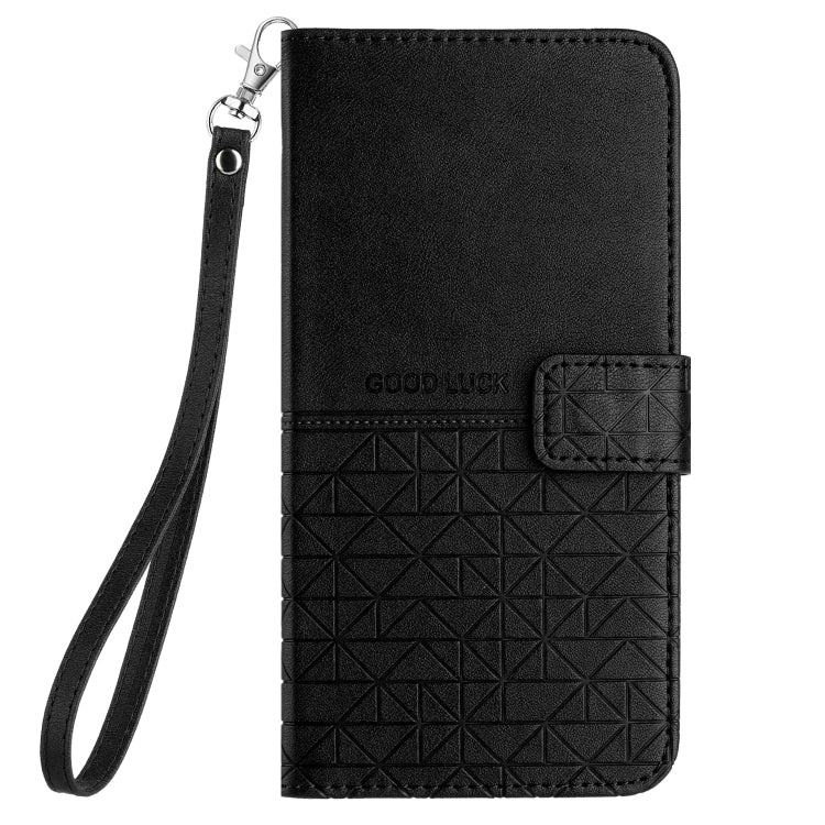 For iPhone 15 Rhombic Texture Leather Phone Case with Lanyard(Black)