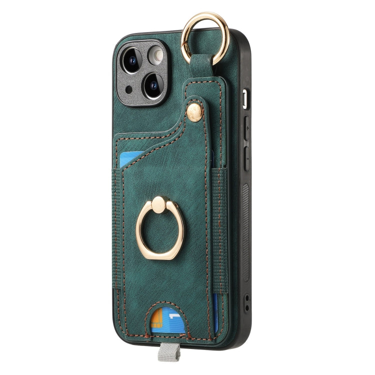 For iPhone 15 Retro Skin-feel Ring Card Bag Phone Case with Hang Loop(Green)